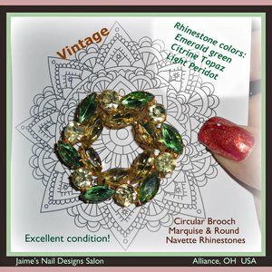 Green Rhinestone Gold Vintage Brooch